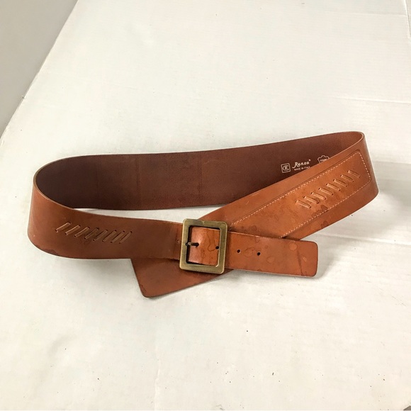 RENZA Italian Luxury Belt Asymmetrical Wide Saddle Brown Leather Brass Buckle - Picture 5 of 11
